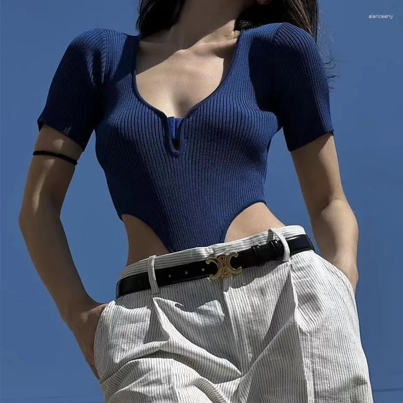 Women's T Shirts Ahagaga Slim-Fit European And American Hollow Short-Sleeve Jumpsuit