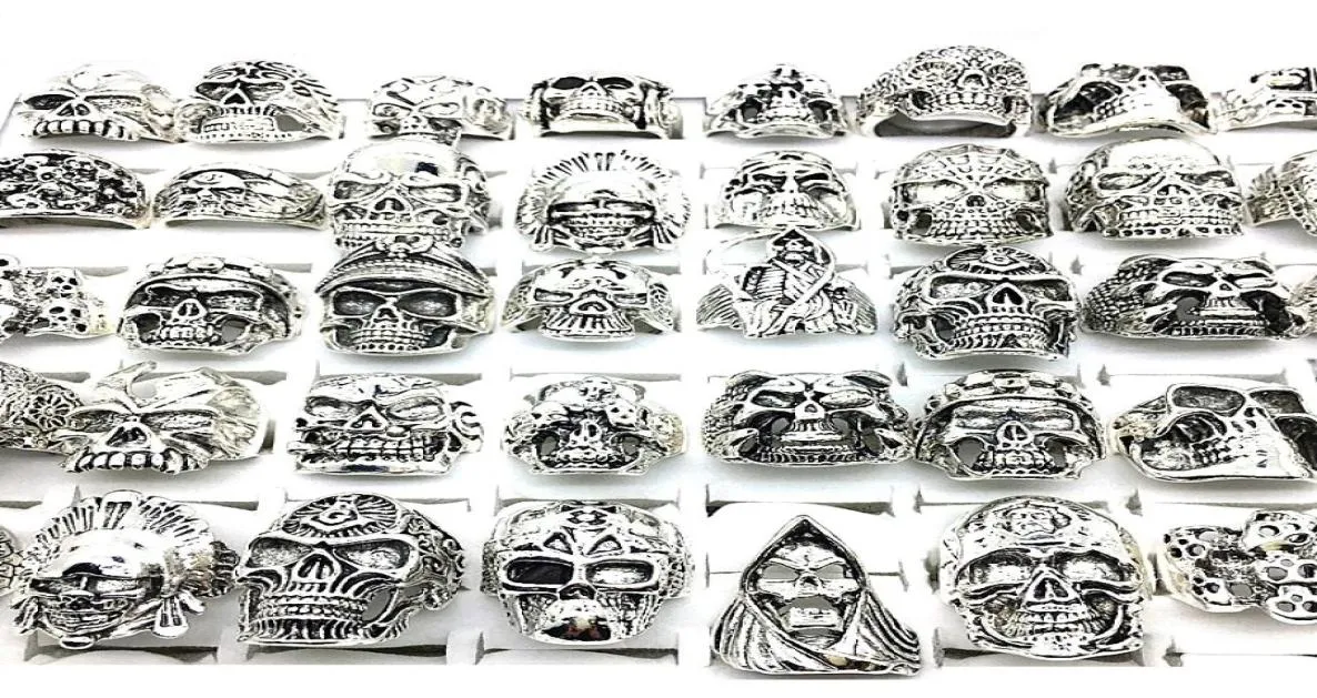 30pcs Skull Anneaux Men Punk Rock Silver Metal Femmes Bikers Bikers Skeleton Anneaux Bijoux vintage Patry Lots entiers