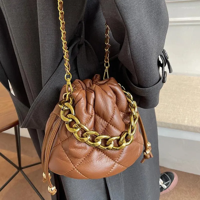 Totes Small PU Leather Bucket Crossbody Bags Women 2024 Winter Brand Thick Chain Quilted Shoulder Bag Designer Padded Handbags