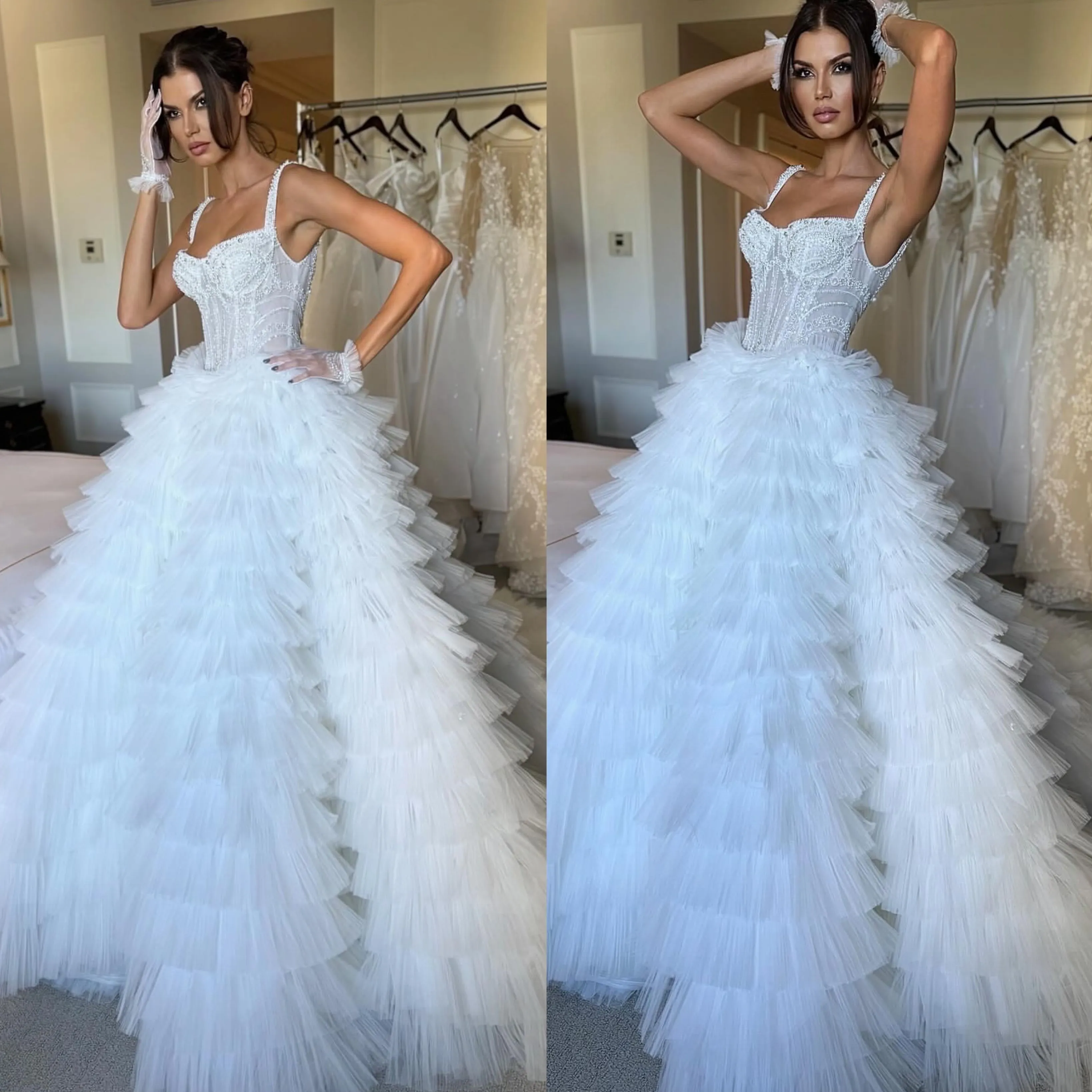 Line Modern A Dress for bride beaded sequins straps Wedding Dresses bridal gowns vestidos novia tiered skirt ruched country robe de mariage es