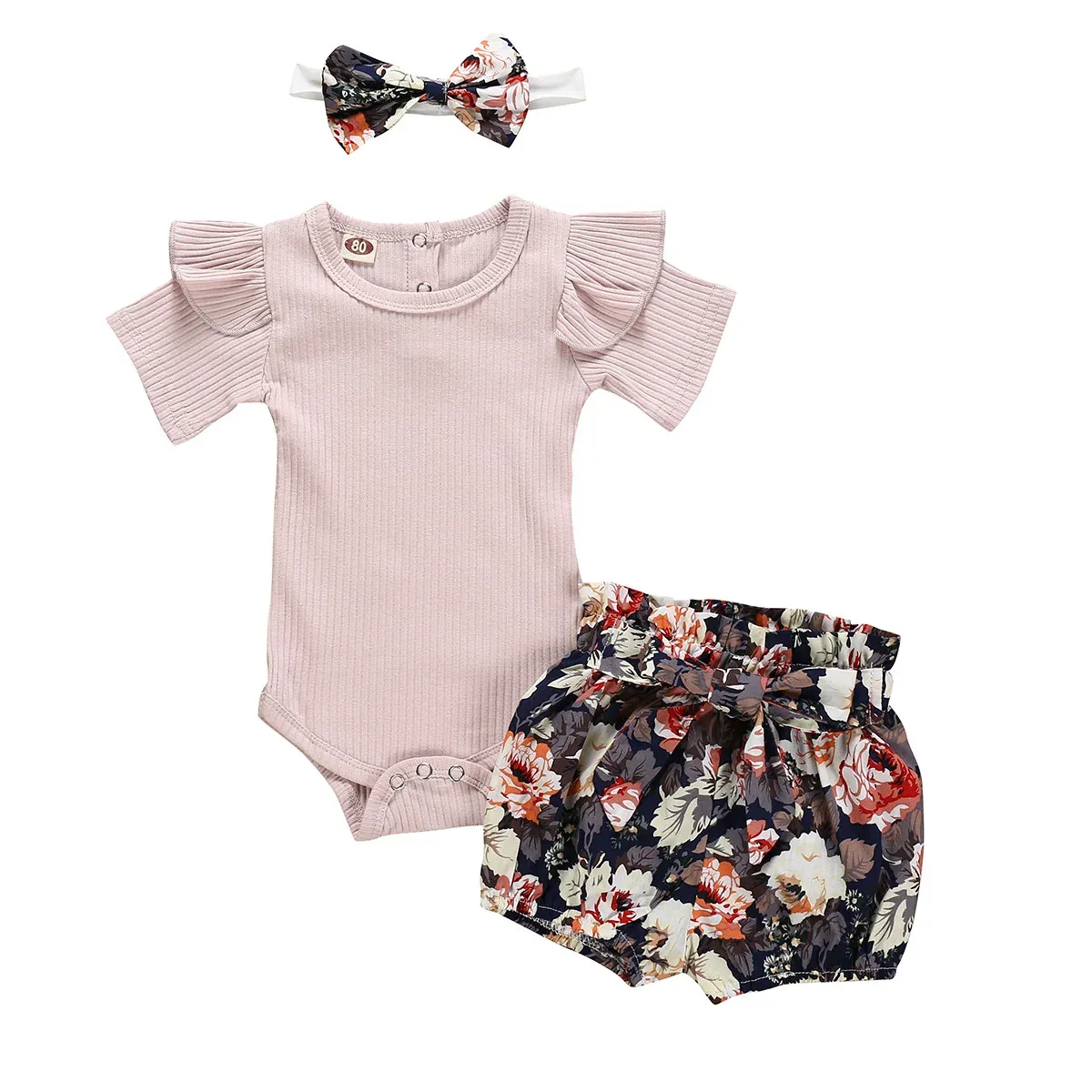 ショーツ新生児の赤ちゃんの服セット夏のソリッドカラーショートスリーブロンパーフラワーショートパンツヘッドバンド3PCS衣装新生幼児服