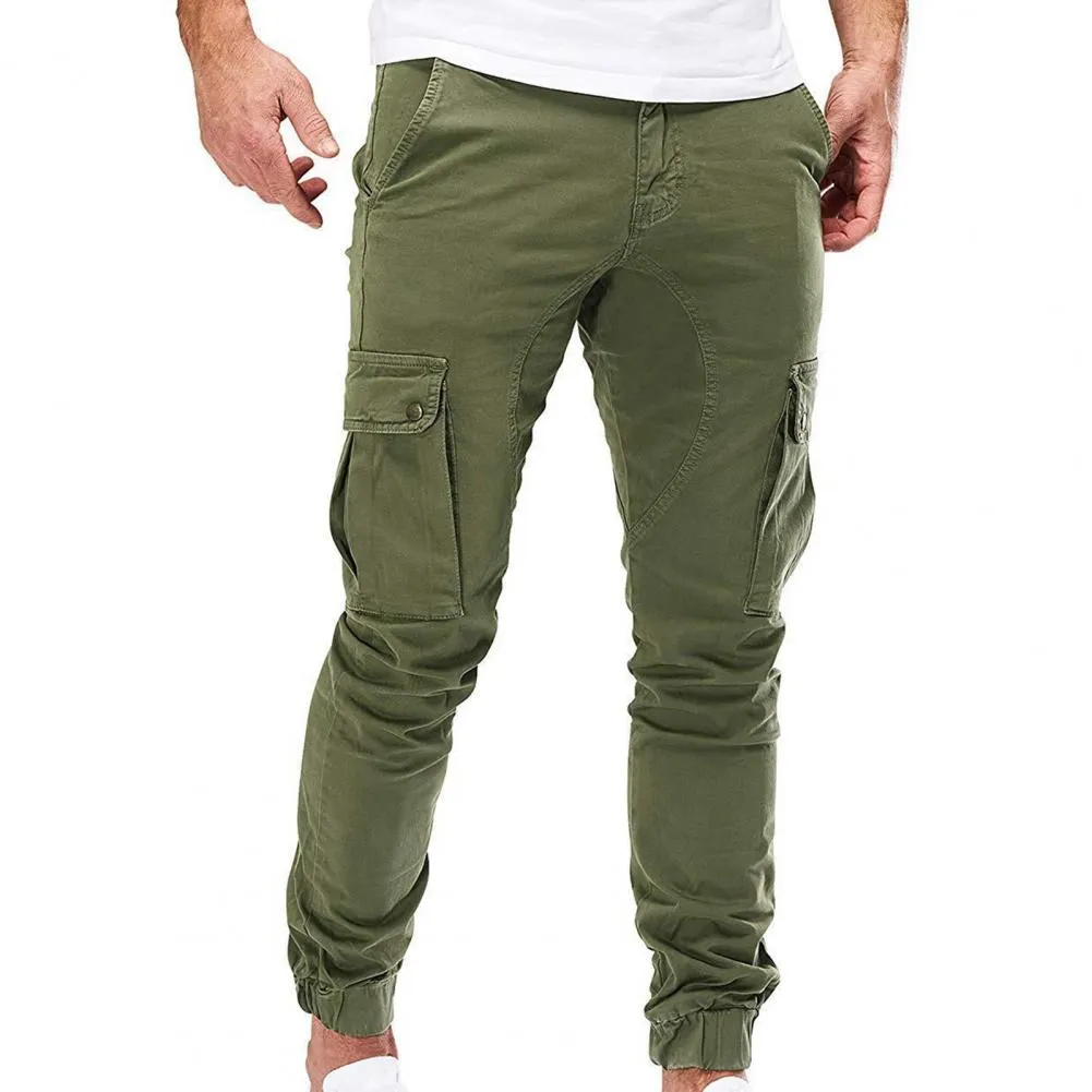 Solid Color Casual Cargo Pants for Men: Multi-Pocket Drawstring Elastic ...