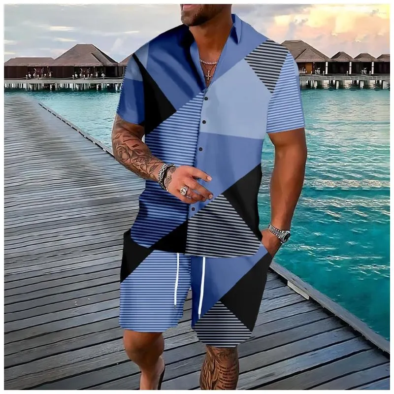 Suisses de survêtement masculines Stripe Hawaiian Stripe Multicolor Geométrie Butt Shirts Shorts Summer Beach Sets Hipster Streetwear Casual Streetwear Tracksuit Men Vêtements