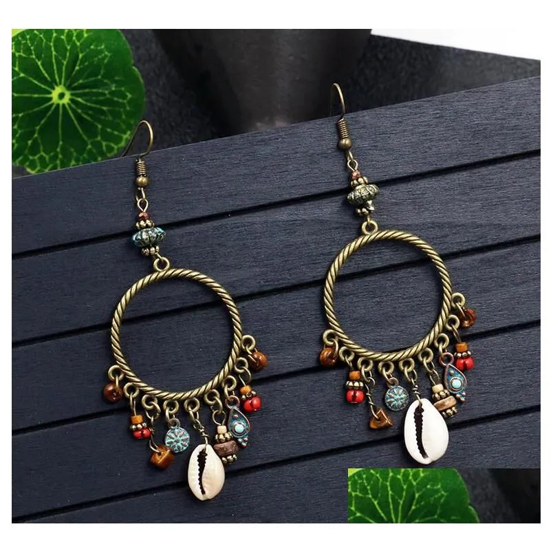 Dangle Shandelier Ethnic Boho Round Alloy Summer Earringチャームシェルウッドペンダントタッセルイヤリングファッションジュエリードロップ配信DHXT5