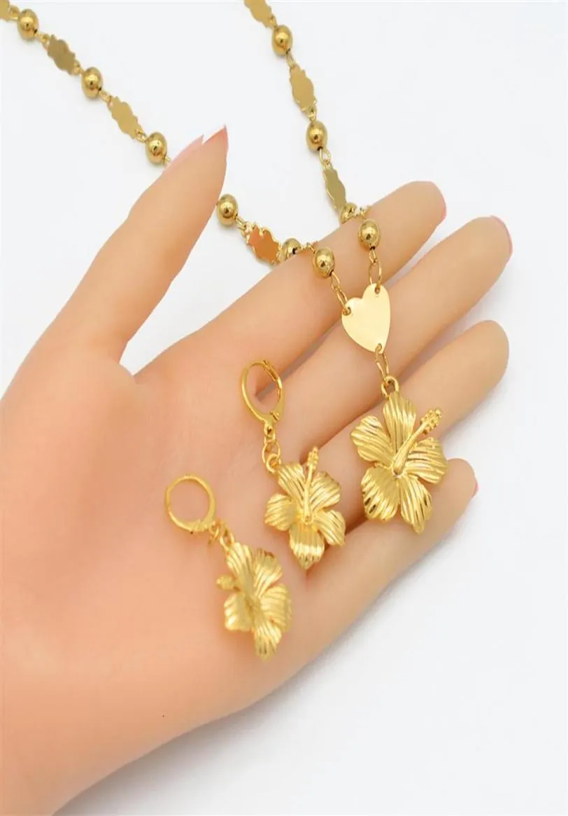 Flower Anniyo Hawaiian smycken sätter hängande halsband örhängen kvinnor flickor guld färg mikronesia guam chuuk kwajalein 213106 ejfa4322714