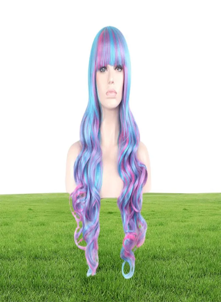 Woodfestival Lange krullende pruik Ombre Synthetische vezels Haarpruiken Blue Pink Mix Color Lolita Wig Cosplay Women Pony 80cm7626241