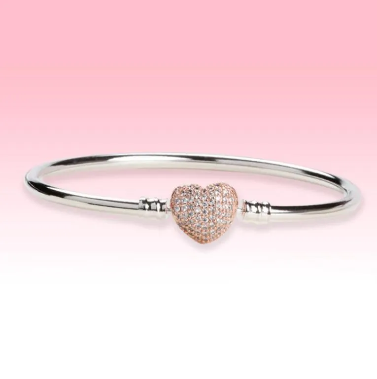 Love Hearts Clasp Wedding Bangle Bracelet Women Gift jewelry with Original box for 925 Stelring Silver CZ Diamond Bracelets6056457