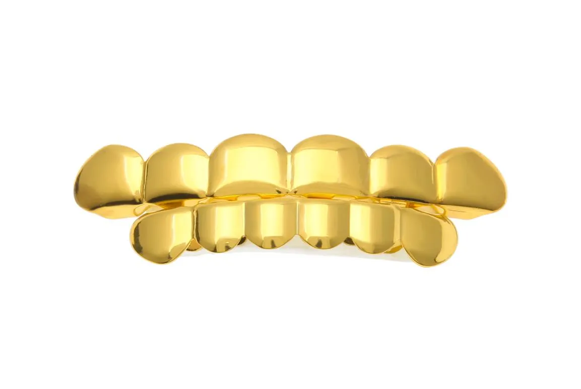 Real Shiny New 18K Gold Rhodium Plated Hiphop Teeth Grillz Caps Top Bottom Grill Set for Men7838371