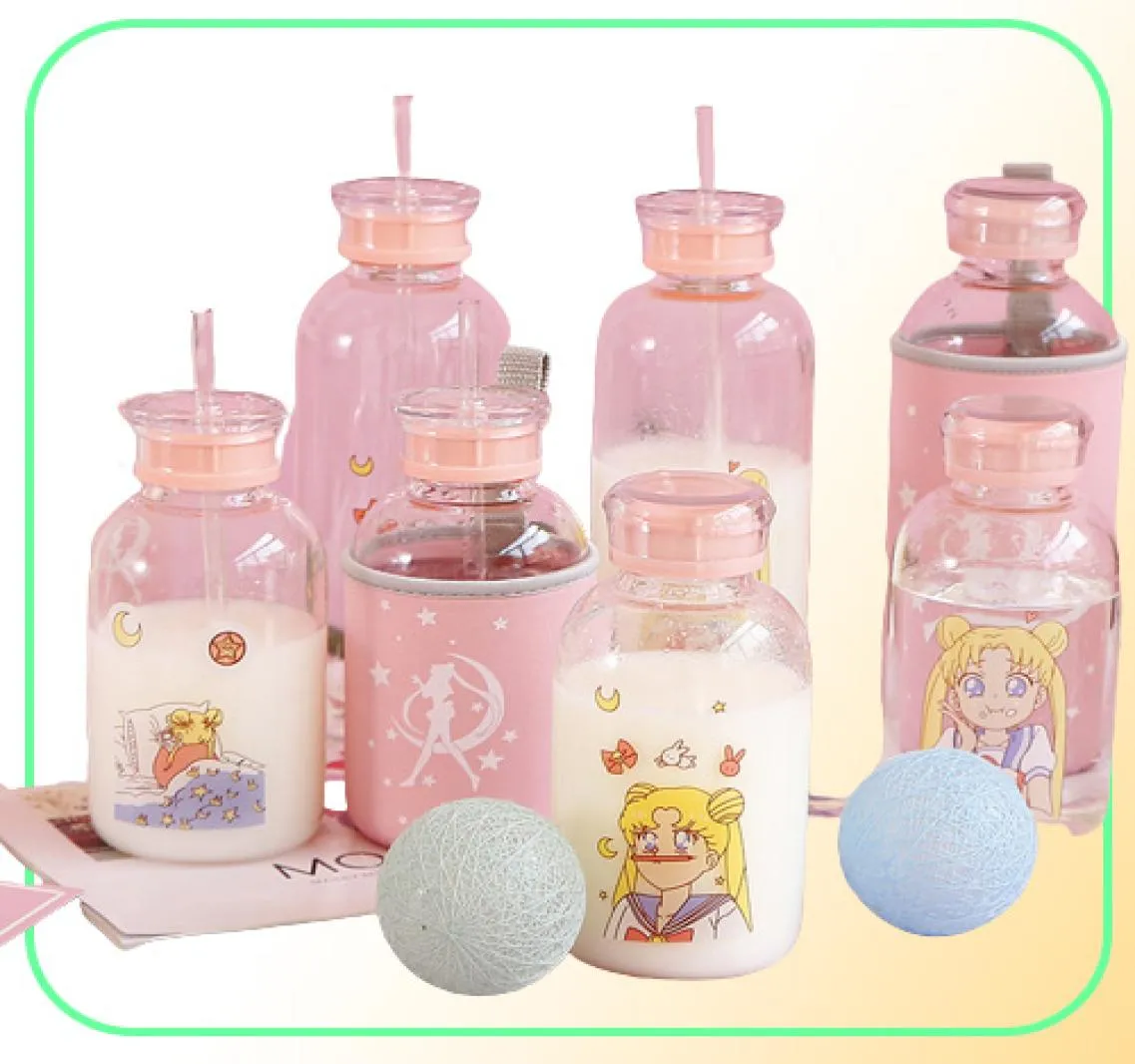 Sailor Moon Silicone Glass Garrafs Kawaii Water Bottle Girs Eco Friendly Glass com um copo de palha fofo Copos de água me aquática me garrafa cl23513357