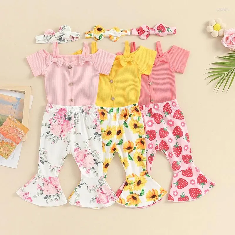 Roupas conjuntos de roupas FocusNorm 0-18M Infantas meninas roupas roupas de menina fora do ombro Spaghetti Strap Bow Macacper com calças de flareira de morango