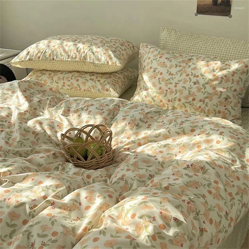 Yatak takımları romantik bahar çiçek seti çift boyutlu düz sayfa yorgan kapağı ve yastık kılıfı kızlar için yumuşak yatak keten ev tekstil