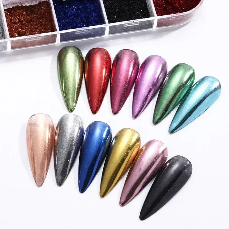 12 Farben Aurora Pulver Nagel Glitzer Pigment Spiegel weiß schillernde Feen feine Chrom Reflektierende Reiben auf Staubmaniküre Dekor