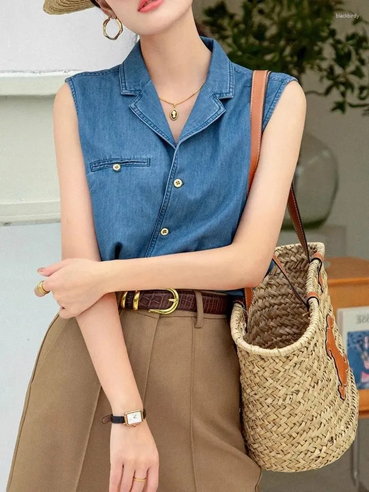 Serbatoi femminile blu in denim giubbotto per collare per estate in cotone leggero retrò versatile camicia senza maniche