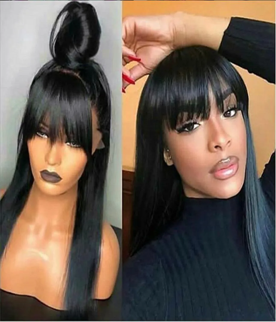 Perruque avant en dentelle de cheveux humains avec une frange droite des perruques de fermeture frontale humaine pour les femmes noires8661645