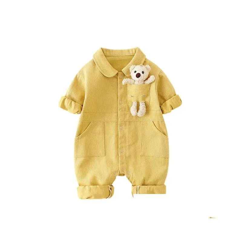 Rompers herfst denim baby jumpsuits schattige pocket beer romper voor jongensmeisjes geboren overalls Korean Toddler onesie lente kinderen kleding Dr. Dhknq