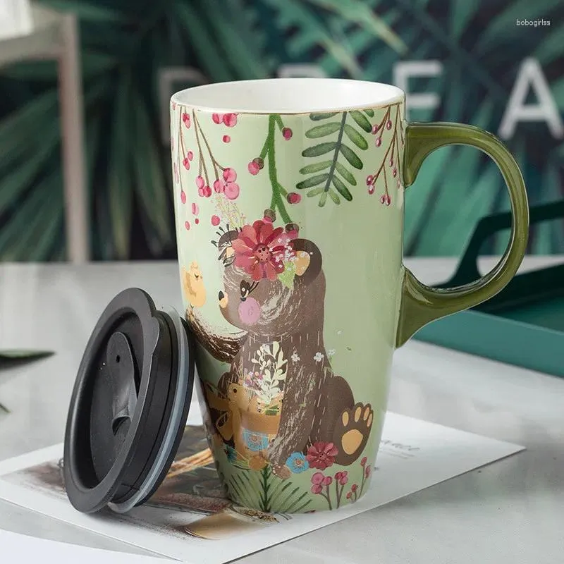 Becher kreativer Hand gezeichneter Wald Tierwasser Tasse Großer Keramikkaffee mit Deckel Weihnachtsgeburtstag Geschenken für Frauen und Männer