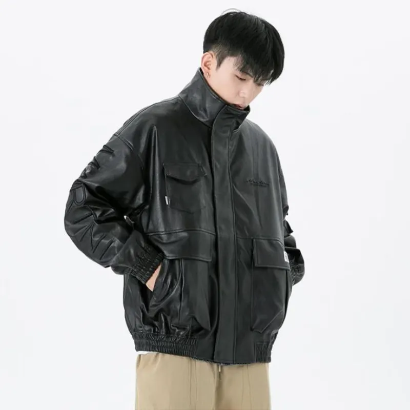 Mens Streetwear Outfit: PU Leather Jacket & Corduroy Cargo Pants