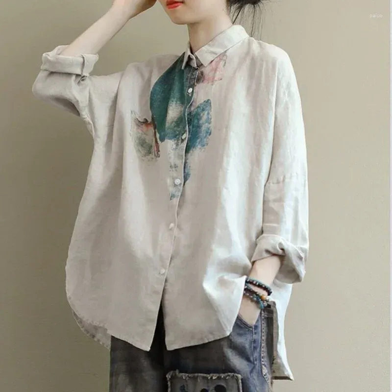 Vêtements ethniques 2024 Spring Automne Femmes Longue manches Loose Loose Vintage Print Cotton Linge Casual Cloue Loues Dames Chinois Tops 12985