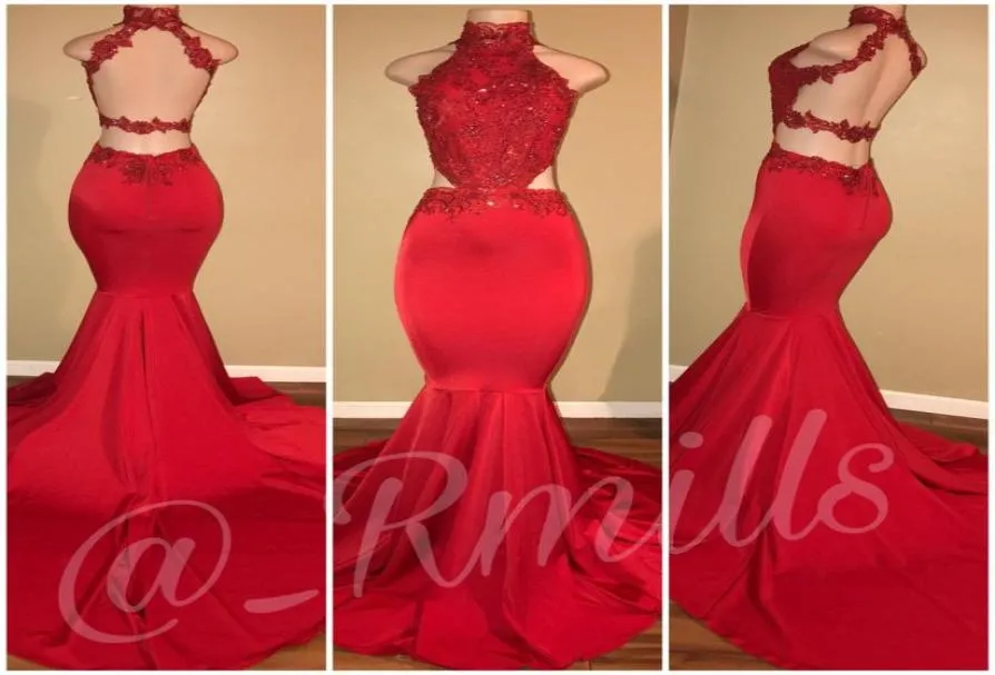 Criss Cross Backless Red Prom Dresses New Mermaid Halter Neck Cutaway Sides Applices Sequined Long Evening Clows Custom Made3146710