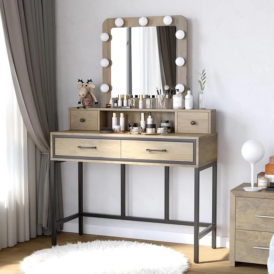 Black Makeup Vanity With Lights & Mirror - 11 LED Bulbs, 7 Drawers, Adjustable Lighting, 40x100x140 Cm Dressing Table - View #8