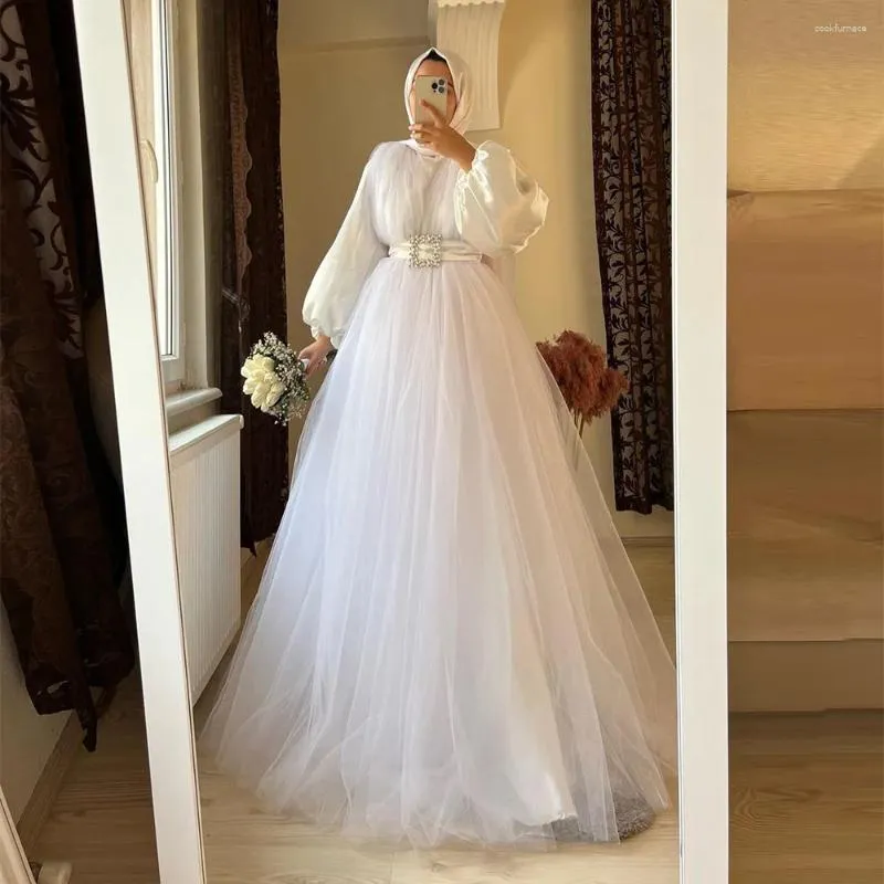 Partyklänningar Sevintage Modest White Prom Long Sleeves High-Neck a-line Arabiska muslimska kvällsklänning Turkiska formella klänningar 2024