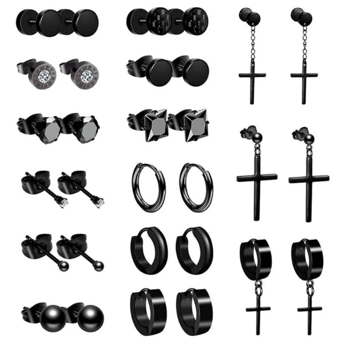 Boniskiss 15 Pairs 316L Stainless Steel Earrings For Men Women Hip Hop Black Piercing Stud Earring Fashion Jewelry Gift5694208