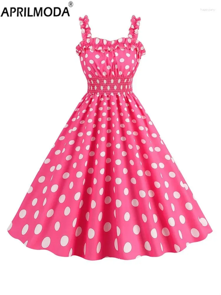 Casual Dresses Pink Kawaii Cartoon Ladies Party Dress Plaid Polka Dot Print Sundress Retro Vintage Pinup Rockabilly A Line Flare