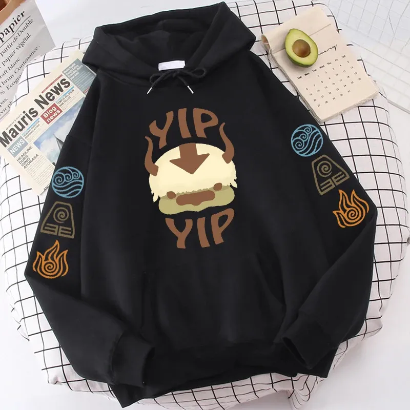 Avatar Yip Print Hoodie Unisex Long Sleeve Black Anime Top Coffee Sweatshirt for Spring and Autumn (Loose Fit)