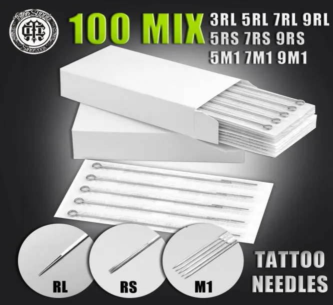 100 st eller 50st diverse steriliserade tatueringsnålar blandade 10 storlekar kit 3rl 5rl 7rl 9rl 5rs 7rs 9rs 5m1 7m1 9m1 av maskinpistol4601093