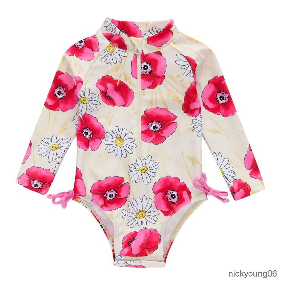 Unddler de una sola niña 2023 Summer Baby Girluit Nadinguit Lindo manga larga Inglaterra Floral Recién nacido Floral Baby Traje de baño Bikini