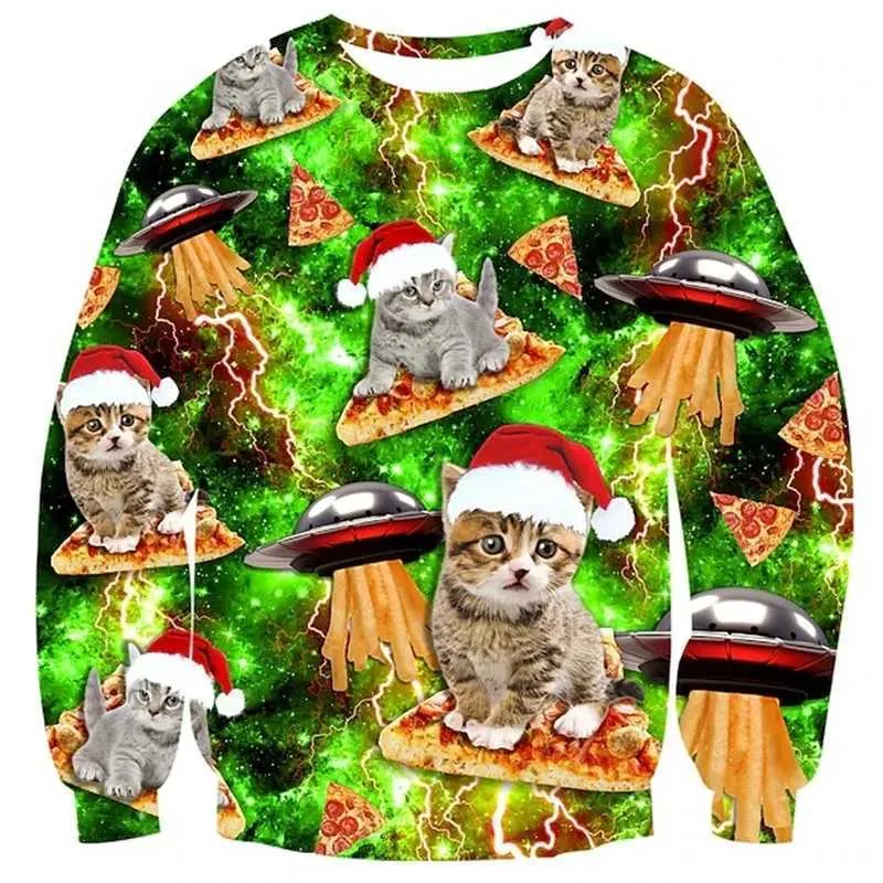 Christmas Jumper Pizza Cat Sweatshirt Funny Cat Pizza 3D Print