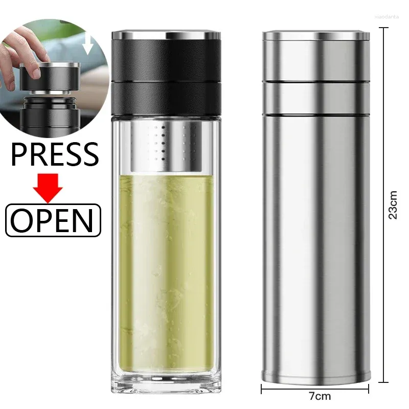 Water Bottles Car Tea Bottle With Press Open Lid Glass Cup For Drive Office Double Wall Filter Separation