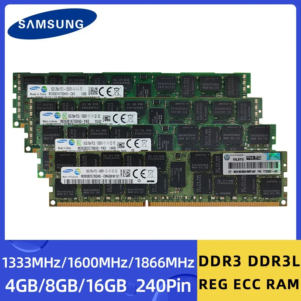 Rams Samsung Memoria DDR3 DDR3L 4 Go 8 Go 16 Go 1333 1600 1866MHz Mémoire de serveur PC312800R REG ECC RAM MÉMOIRE ARRIGÉE AVEC RADIATEUR