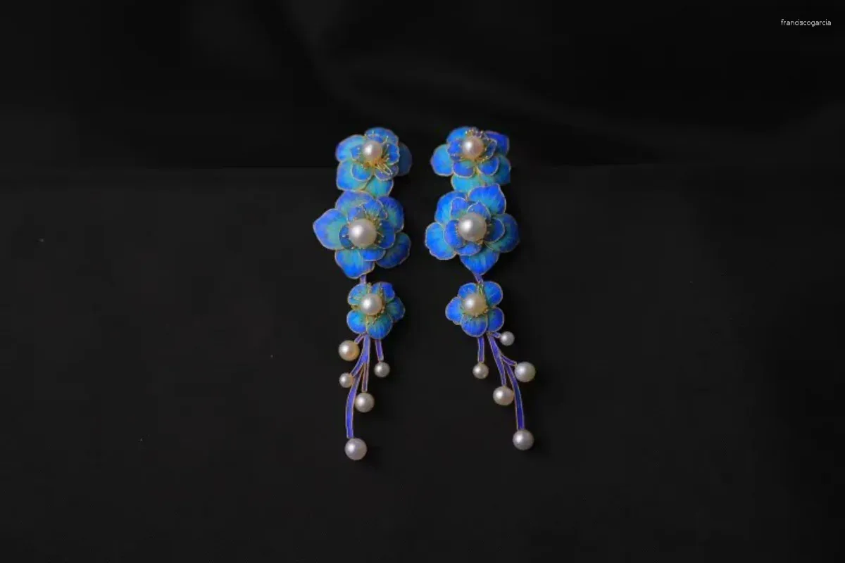 Kolczyki Dangle Enamel Blue Flower Pearl Inkrustowany Gradient Szmaragdowe kunszt dla kobiet Modny vintage chiński styl biżuterii Prezent biżuterii