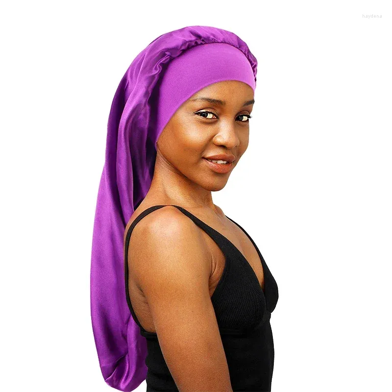 Basker kvinnor Lång satinhuven Sleep Cap Silky Sove With Wide Elastic Band Hair Care Turban flätor Curly Natural