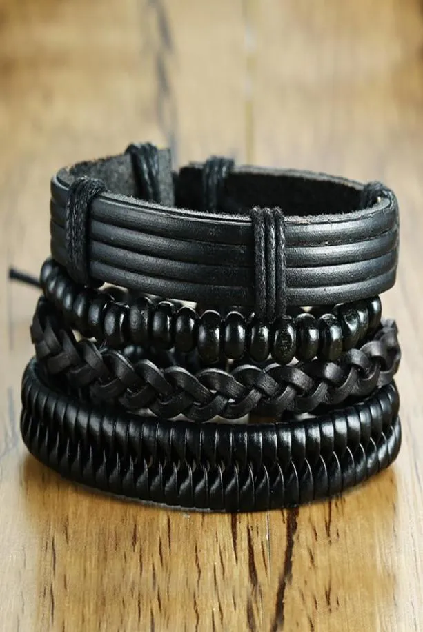 4pcs Lot Vintage Black Leather Friendship armbanden Set voor mannelijke bangle braclet Braslet Man Pulseira Masculina Jewelry8356359