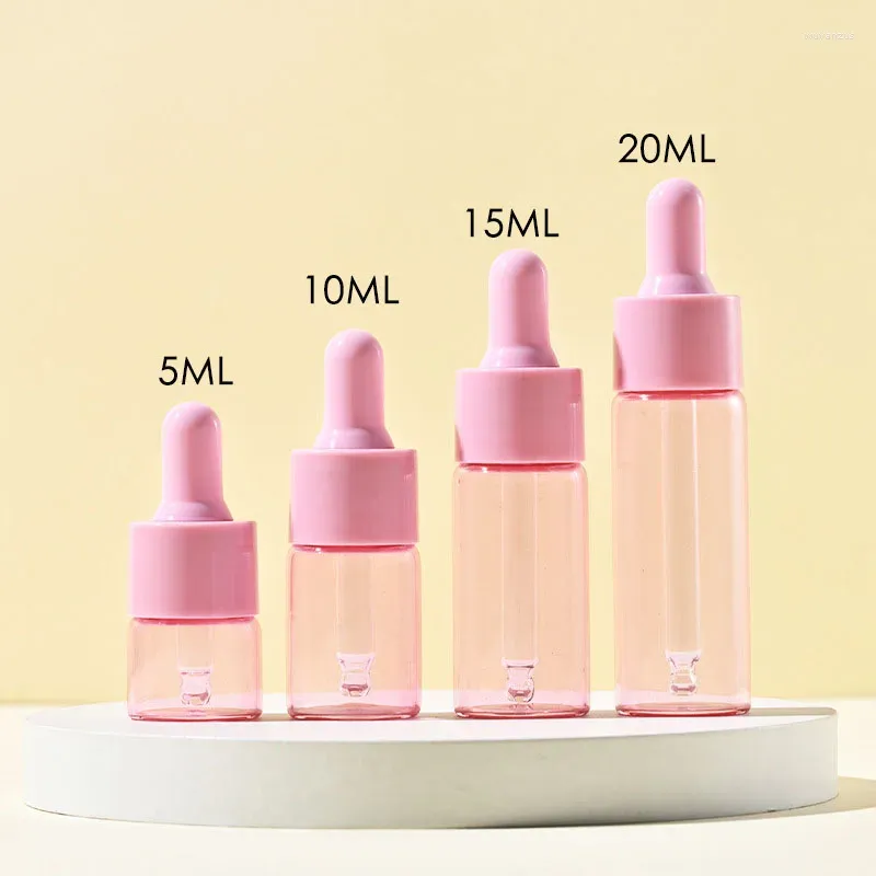 Lagerflaschen 30/50pcs 5 ml -20 ml nachfüllbare Glasflasche Mini -Tropfen mit Pipette rosa Kappe leeres ätherisches Öl für