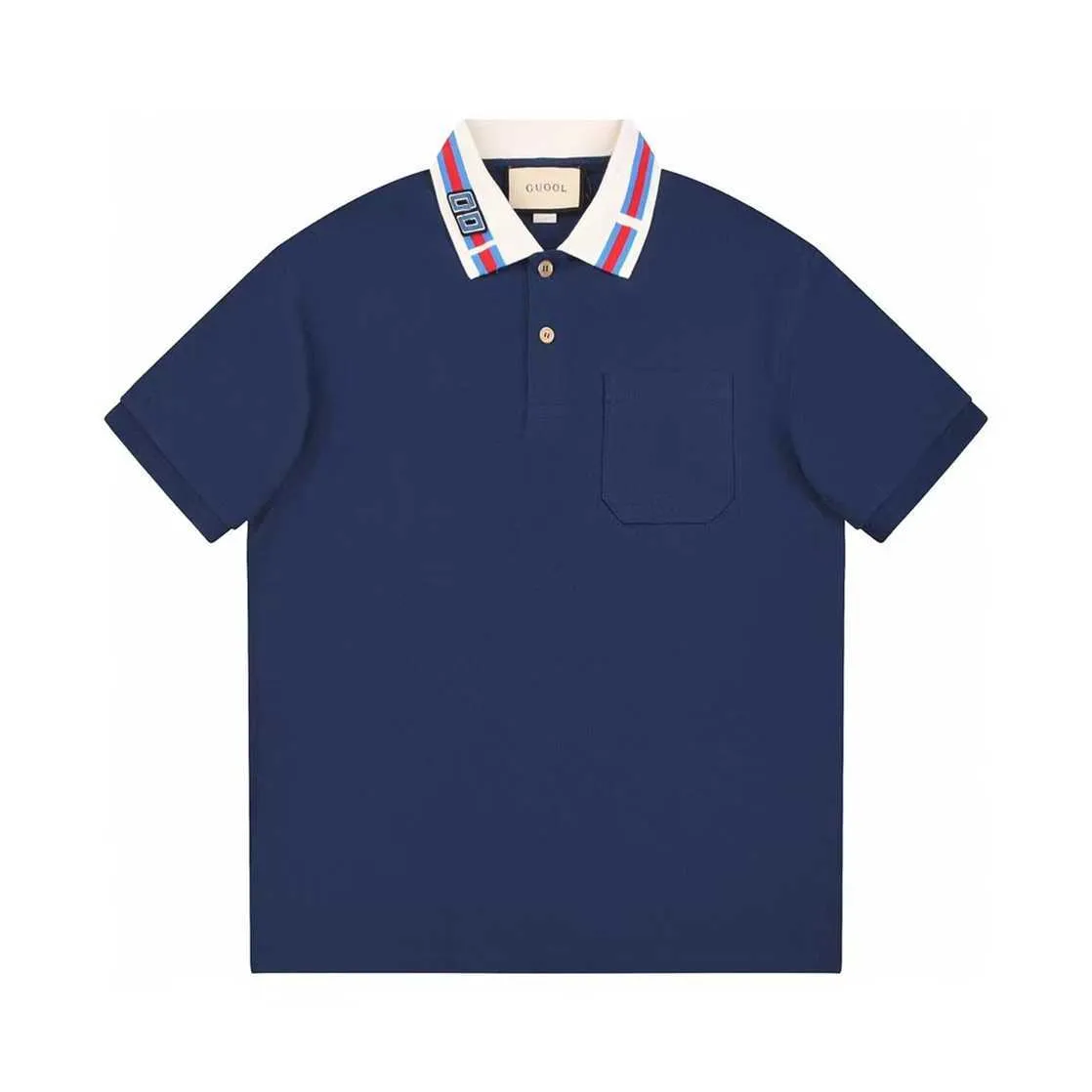 Högkvalitativ designerkläder Rätt utgåva sommar kortärmad vävd krage röd randig polo skjorta herr pocket blå t-shirt