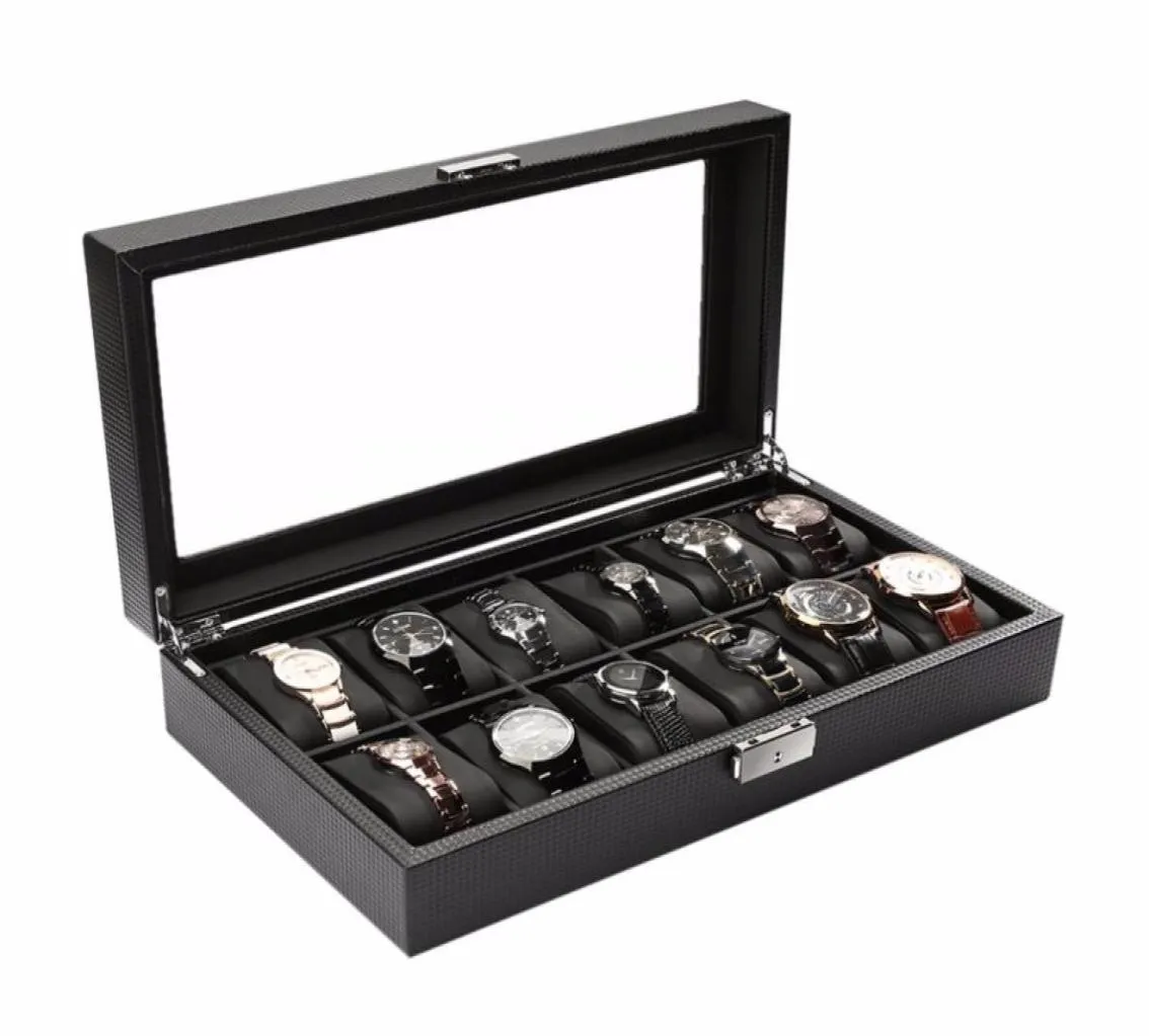 2018 12 slots koolstofvezel sieraden display horloge doos opslaghouder highgrade zwart grote caixa para relogio saat kutusu6249676