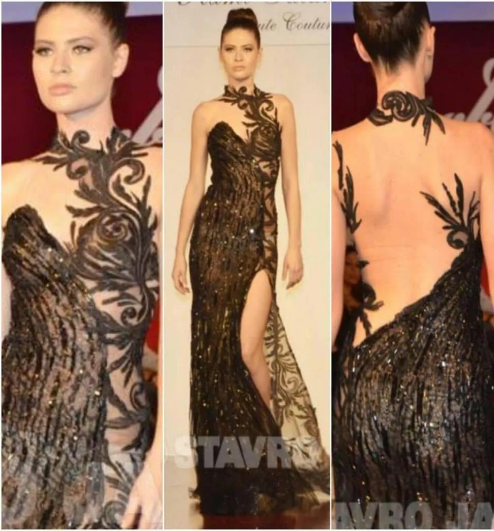 Moderne schwarze Meerjungfrau Abendkleider 2019 Rami Salamoun Applique Lace Runway Fashion Party formelle Kleider Split Side Prom Gown8067526