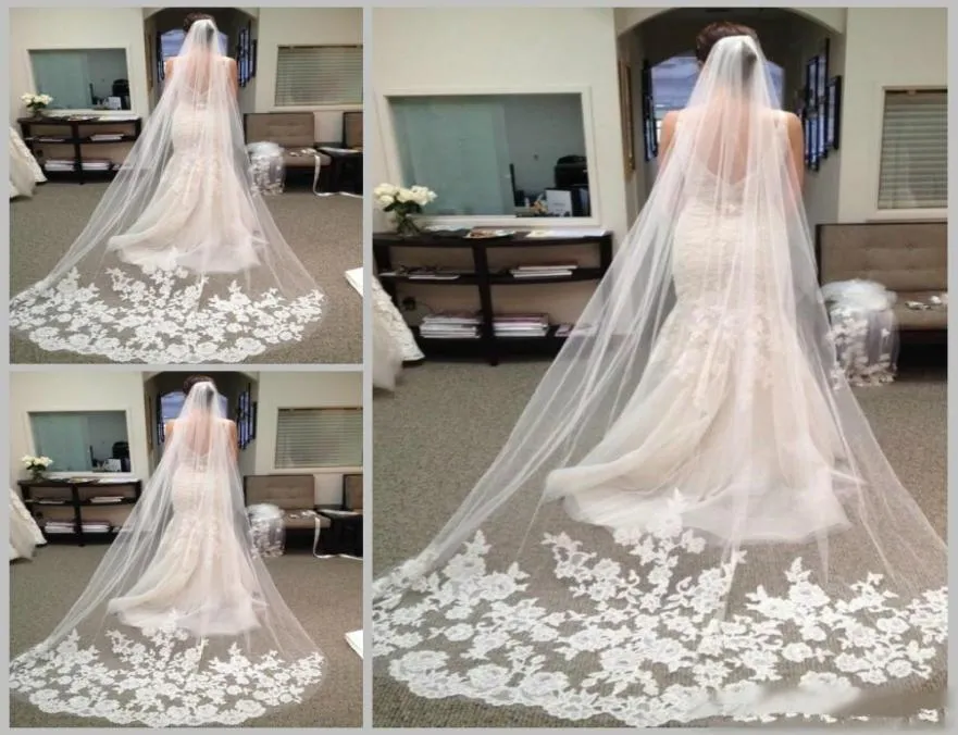 2019 Vendre le moins cher en stock Long Chapel Longueur Veille nuptiale Appliques Long Wedding Veil Lace Applique avec combinaison avec combinaison