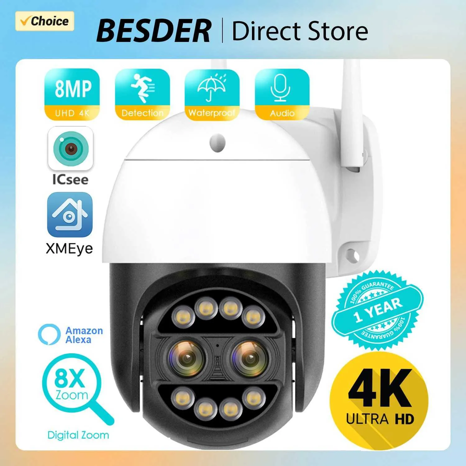 IP -камеры BESDER 8MP 4K 8X HYBRID ZOOM 2.8+12 мм двойной линзы PTZ IP -камера Wi -Fi Detection 4MP Audio Security Superaint Camera 240413