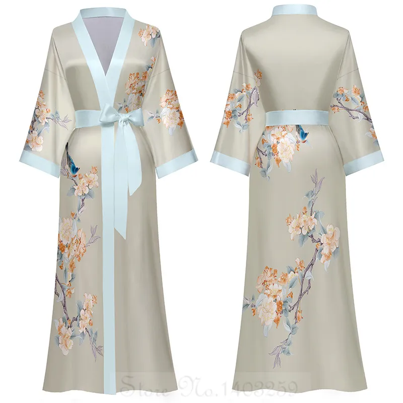 Floral Print Satin Kimono Robe for Women, Short Sleeve Long