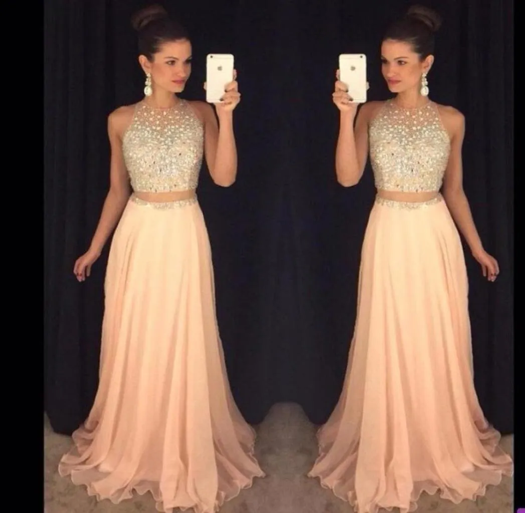 A Line Halter Neckline Chiffon Two Pieces Party Homecoming Prom Dress Beaded Sweep Train Cocktail Dresses7837590