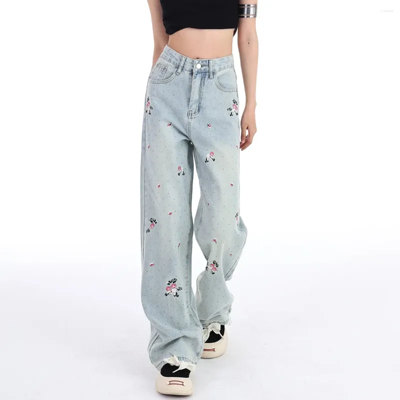 Frauen Jeans Vintage Blumendruck Frauen blaues Bein gerade in voller Länge Denim Hosen Korean Fashion Spring 2024