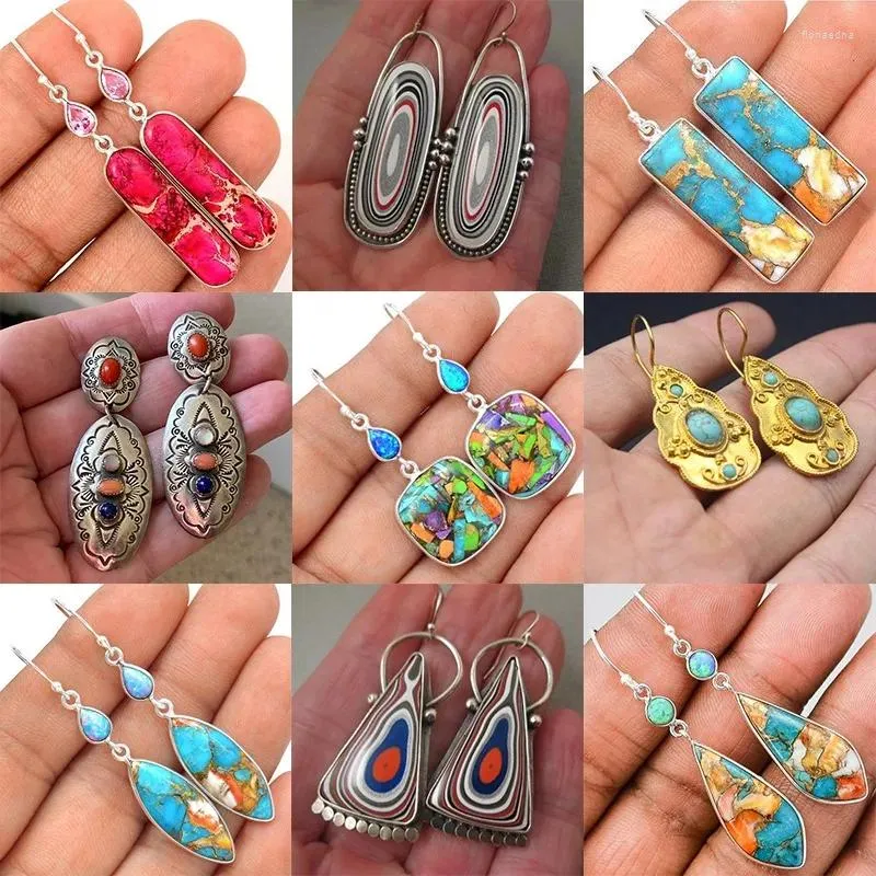 Brincos Dangle 2024 Drop Stone Vintage Color para Mulheres Meninas Personalidade Geométrica Partimento Jóias Presente de Aniversário