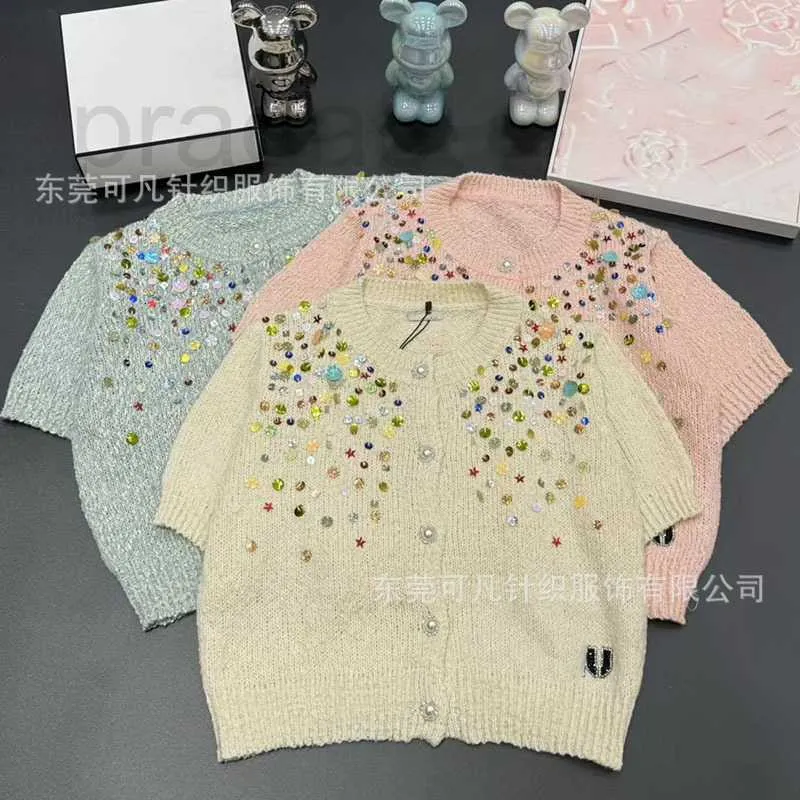 Designer Women's Knits & Tees round neck sequin knitted short sleeved cardigan womens candy colored sweet small jacket 2024 spring/summer new VS7L