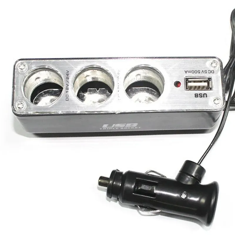 Hot 3 Way Multi Socket Car Cigarette Lighter Splitter USB Plug Charger DC 12V/24V Triple Adapter with USB Port BX