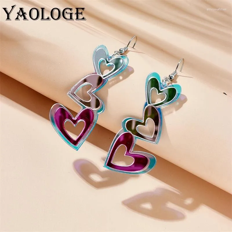 Pendientes colgantes yaologe creative deslumbrante espejo corazón amor colgante largo para mujeres niña moda láser láser joyas acrílicas regalo