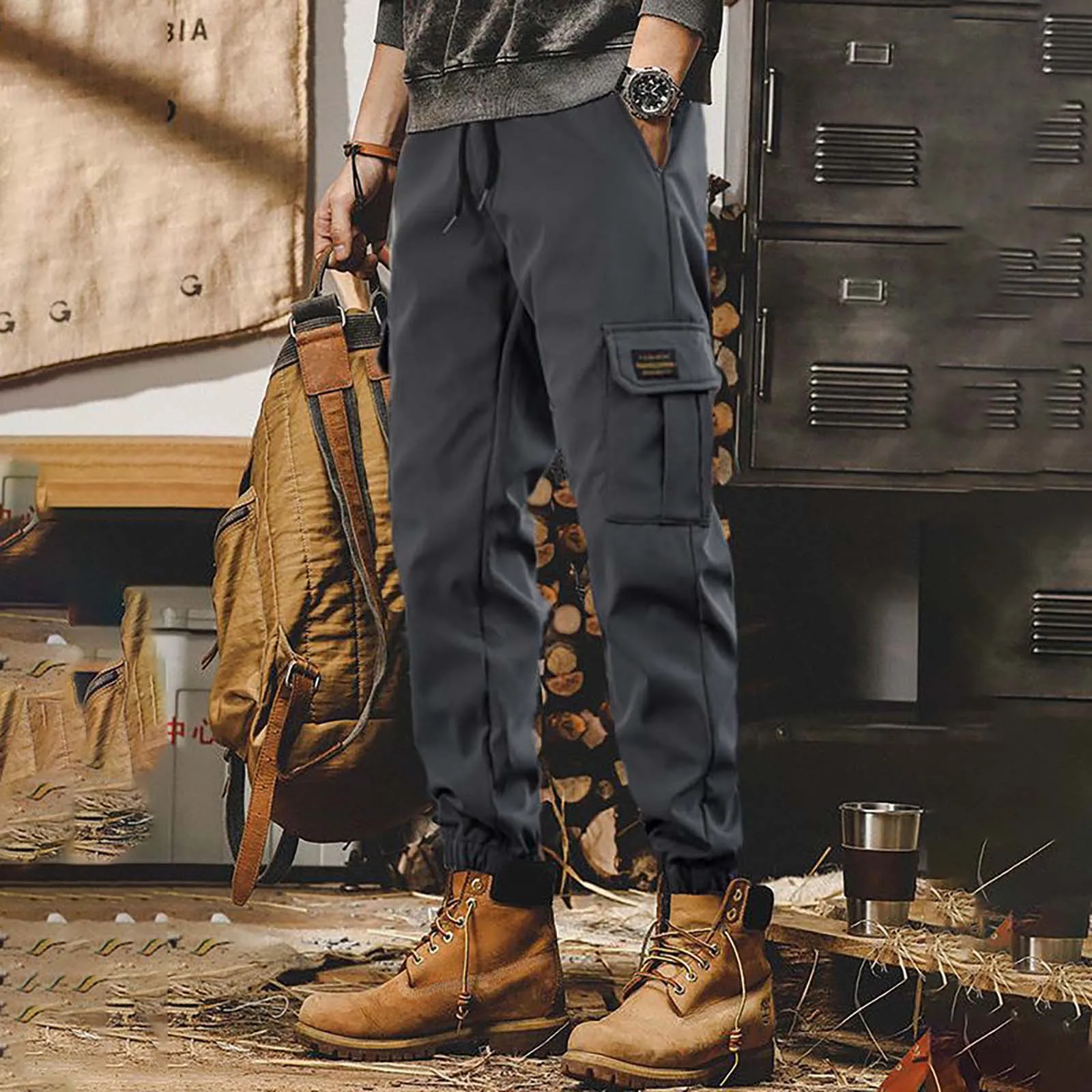 Mens 2 Piece Cargo Tracksuit Set Winter Warm Cotton Military